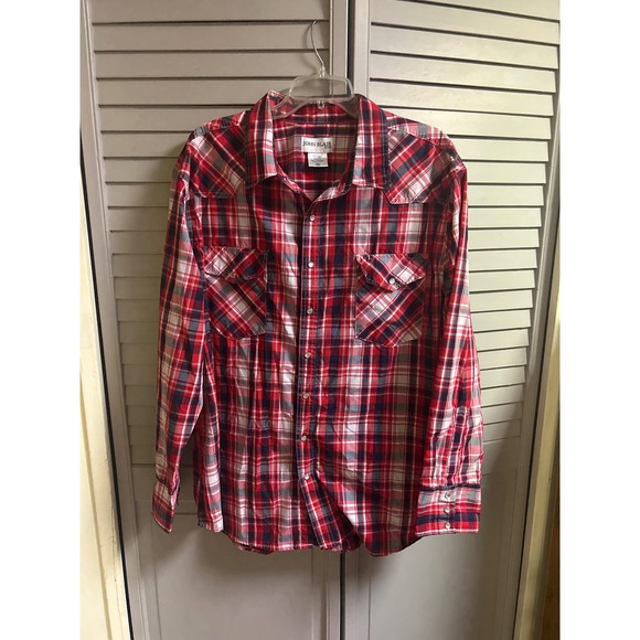 John Blair Plaid Western Shirt Long Sleeve Button Up Red Gray XLrg‎ - Picture 1 of 4